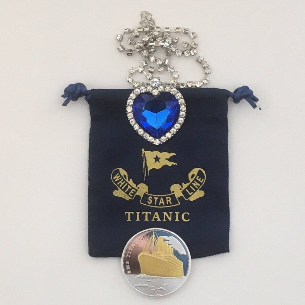Titanic White Star Line Heart of the Ocean Necklace and Fake Gold Titanic Coin